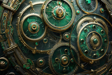 Intricate gears of a steampunk clock powered by green energy symbolizing innovation and sustainability 