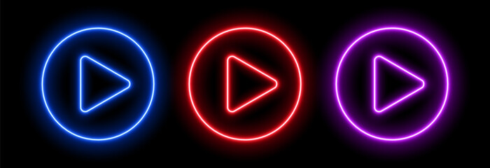 Neon play button. Glow game music icon. Laser triangle in a circle. For banner design in TV, parties and cinema.