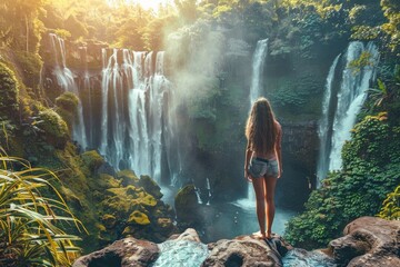 Woman at waterfalls in jungles, Bali island nature, stream cascade, Indonesia travel, beautiful jungle - obrazy, fototapety, plakaty