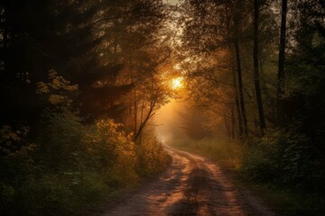 Fototapeta premium Enchanting morning light filters through a dense forest, illuminating a tranquil dirt road
