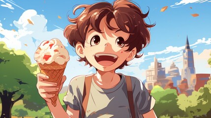 Little boy eating ice cream in the park on a sunny day - obrazy, fototapety, plakaty