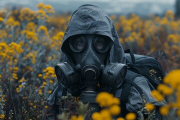 A photographer blending with nature, covered in water droplets amidst a vibrant field of yellow flowers, suggesting a serene yet adventurous spirit