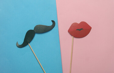 Carnival photo booth mustache and lips on blue pink background