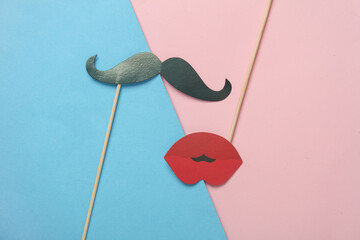 Carnival photo booth mustache and lips on blue pink background