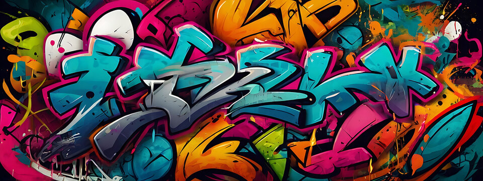 Fototapeta Vibrant colors design of abstract graffiti texture, a mix of abstract text and graffiti, background wallpaper style, wide