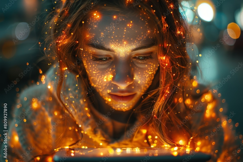 Poster captivating image of vibrant bokeh lights with a centered beige blurred square over them