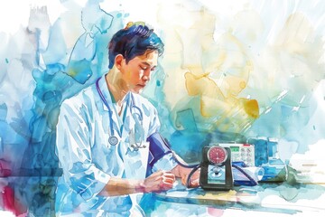 A realistic watercolor painting of a man wearing a lab coat. Perfect for scientific or medical-themed designs