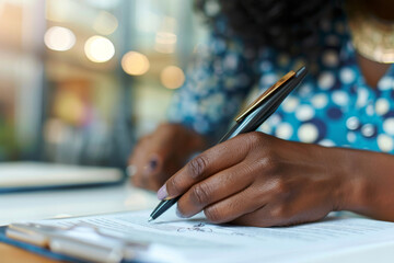 Close-up of a Afro-American person hand  with diverse background signing a legal document, a symbolic representation of inclusive work environments
