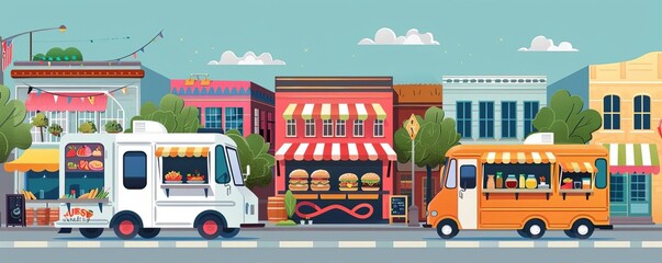 Compact icon design of a food truck festival in an arts district, showcasing culinary services in a vibrant urban community