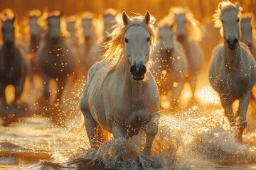 The dominant white horse leads its herd through shallow waters during sunset, showcasing its leadership and grace