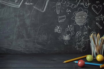 A blackboard covered in multiple drawings, suitable for educational or creative concepts - Powered by Adobe