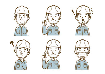 作業服を着た若い男性の表情セット（線画）