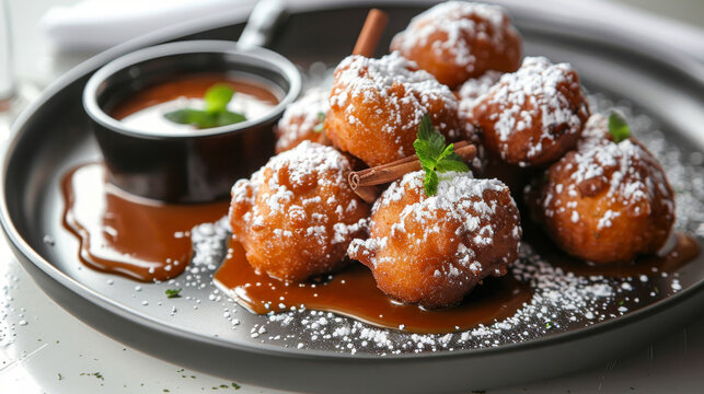 Traditional croatian fritule served with powdered sugar, chocolate sauce, and fresh mint on a black plate