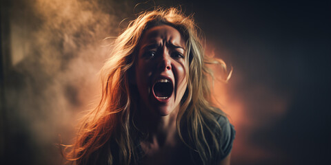 young woman screaming in fear. Dark scene with smoke in background. concept for horror movie or halloween.