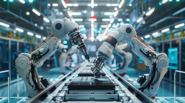 Industrial robots in a manufacturing plant, showcasing automation and technology in production