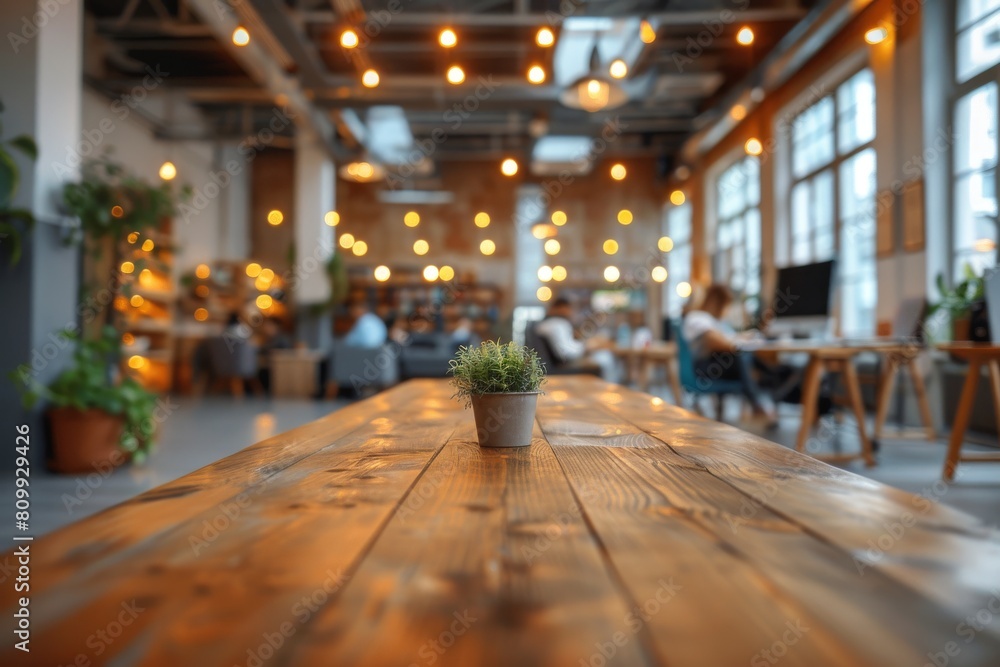 Poster an inviting coworking atmosphere with centered potted greenery on a wooden table surrounded by warm 