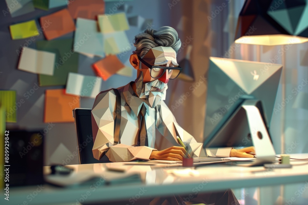 Poster a man sitting at a desk using a laptop computer. suitable for technology and work concepts