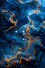 Obraz premium Golden flecks dance in the undulating blues of an abstract oceanic expanse - Generative AI