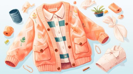 Create a whimsical flat lay illustration of a peach colored cardigan sweater with white and green striped collared shirt underneath