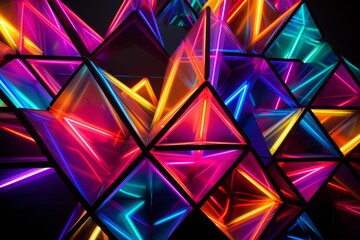 Neon colored geometric forms intertwine in a captivating blacklight painting