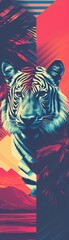Fototapeta premium Retro inspired vaporwave collage combining pixelated animals with tropical and geometric patterns