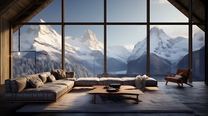 Large windows framing snow-capped peaks.