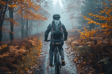 An equipped bicyclist maneuvers down a golden-hued forest trail, reflecting the essence of fall