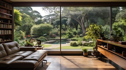 Large windows to allow natural light and views of the green surroundings.