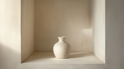 A simple vase in a minimalist white niche, exemplifying the beauty of simplicity in modern pottery design, ideal for advertising home decor and the art of ceramics.