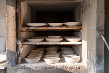 Open kiln revealing a sparse arrangement of ceramics, potentially for educational purposes or process demonstration in pottery making.