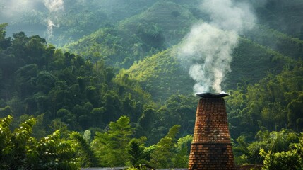 Fototapeta premium A traditional kiln in a lush green environment emits smoke, potentially for environmental impact studies or showcasing traditional craftsmanship in a natural setting.