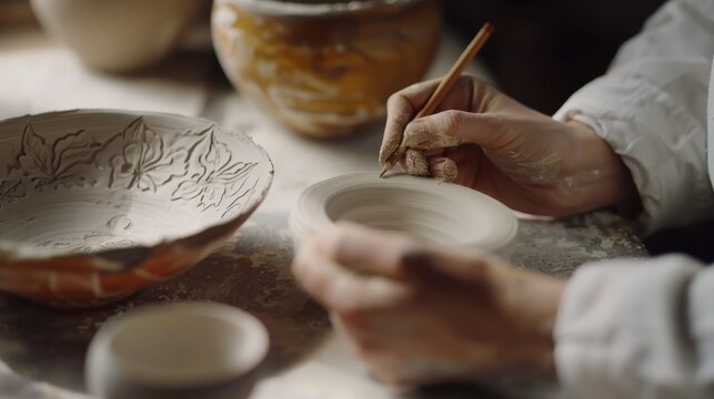 Hands carving floral patterns into a ceramic bowl, illustrating the detailed craftsmanship in pottery decoration, ideal for educational purposes on ceramic arts and marketing artisan products