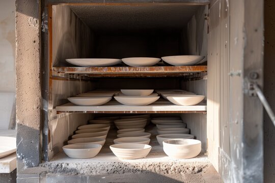 Open kiln revealing a sparse arrangement of ceramics, potentially for educational purposes or process demonstration in pottery making.