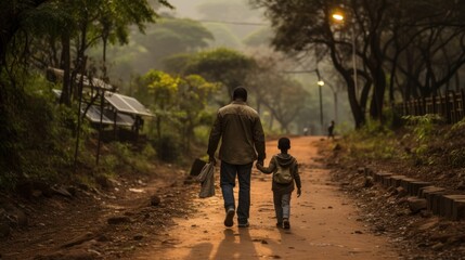 Man and Child Walking on a Dirt Road Carrying a Solar Panel Under Misty Light