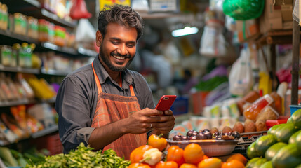 Indian vegetable and fruit seller In a small grocery store Sitting happily looking at the phone....
