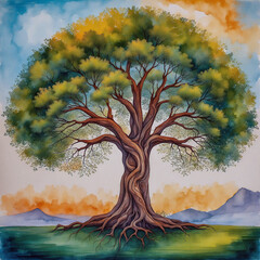 Watercolor illustration of a majestic tree. Generative ai