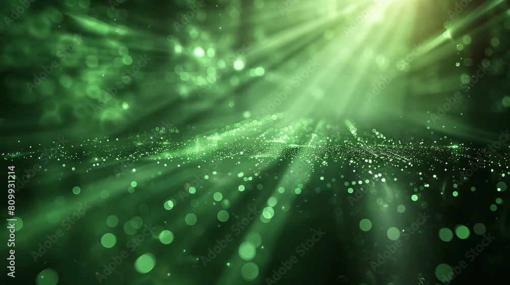 Poster streaming green light beams on a shadowy background, hyper-realistic and sharp