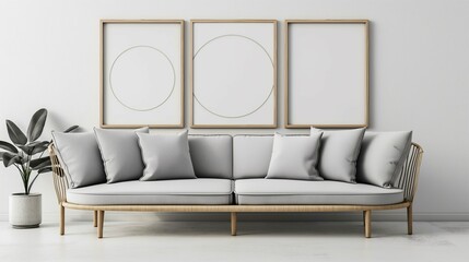 Frame mockup, Scandinavian style home interior with cozy sofa, wall poster frame design, 3D render