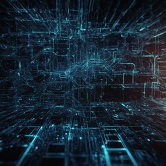 A computer circuit board with glowing blue lights on a Technology Network Background.