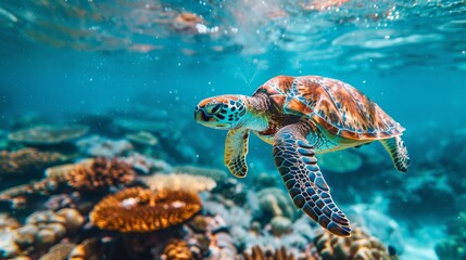 Captivating sea turtle swimming gracefully among vibrant coral reefs in a vivid underwater world