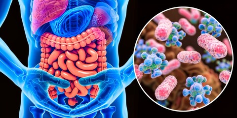 Detailed illustration of the digestive system with bacteria, set against a vibrant blue background, ideal for educational and healthcare use.