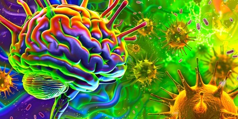 Vivid depiction of a multi-colored brain attacked by pathogens, ideal for educational content on neurological diseases.