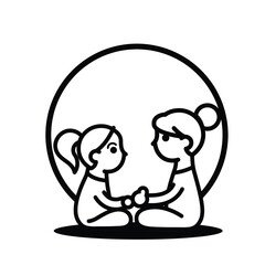 Vector illustration on a rounded background with gentle silhouettes of a mother and daughter sitting next to each other and holding hands. Their contours are filled with comfort.  