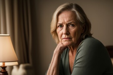Depressed senior adult woman with retirement crisis. loneliness, hotel room
