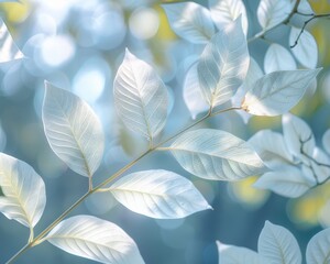 Giant, silvery leaves in soft sunlight, low-angle shot, serene nature scene, no contrast, clean sharp,clean sharp focus,blurred background
