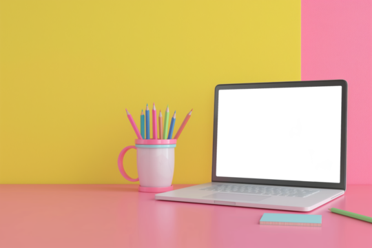 Back to school, distance education, remote lessons, notebook laptop transparent screes, colorful pencils