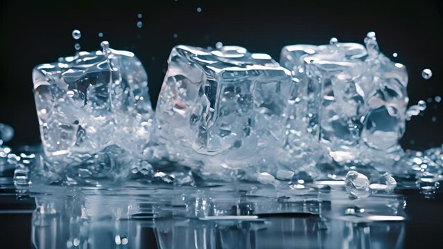 A group of ice cubes being splashed with water, creating a refreshing and dynamic scene.