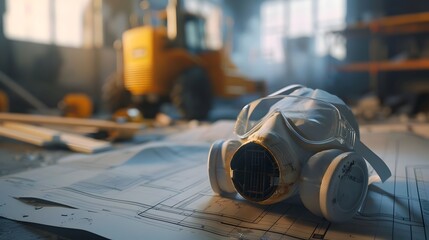 Protection on the Construction Site Dust Mask on Blueprint Generative ai