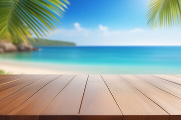 Top of wood table with seascape and palm leaves, blur bokeh light of calm sea and sky at tropical beach background. Empty ready for your product display montage. summer vacation background concept.