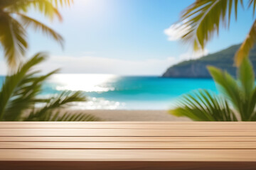 Top of wood table with seascape and palm leaves, blur bokeh light of calm sea and sky at tropical beach background. Empty ready for your product display montage. summer vacation background concept.